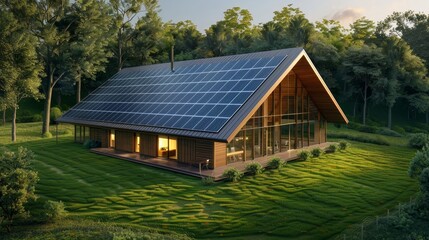 Solar-paneled modern barn roof reflects sustainable energy practices.
