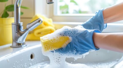 A close-up shot of hands scrubbing a sink or bathtub with a sponge and cleaner, against a clean backdrop suitable for showcasing spring cleaning essentials , 