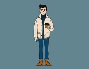 Character with Coffee Wears Cozy Layers, Like Turtleneck Shirt, Jacket, Paired With Jeans Or Chinos And Stylish Boots
