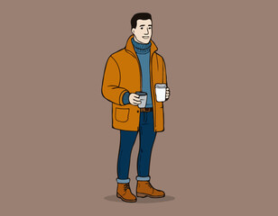 Character with Coffee Wears Cozy Layers, Like Turtleneck Shirt, Jacket, Paired With Jeans Or Chinos And Stylish Boots

