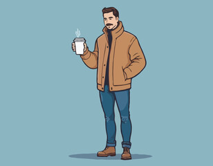 Character with Coffee Wears Cozy Layers, Like Turtleneck Shirt, Jacket, Paired With Jeans Or Chinos And Stylish Boots
