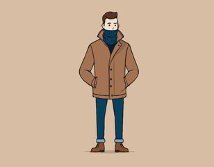Fototapeta premium Character with Coffee Wears Cozy Layers, Like Turtleneck Shirt, Jacket, Paired With Jeans Or Chinos And Stylish Boots 