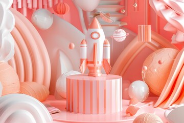 Fototapeta premium Pastel Dreamscape With a Rocket Ship