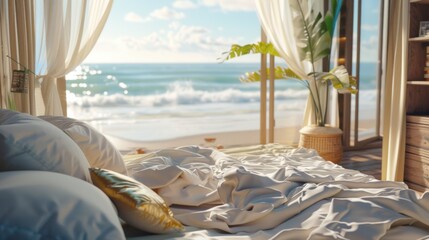Coastal beach house bedroom with ocean view at sunrise