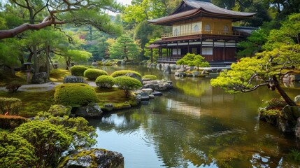 Fototapeta premium Tranquil Japanese garden scene with serene pond, embodying ancient culture in vibrant spring HD wallpaper.