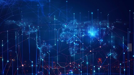 Abstract Graphic World Map on Blue Background Showcasing Big Data and Networking Concepts for a Modern Visual Appeal
