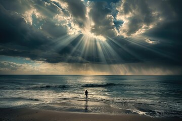 Sun Rays Breaking Through Storm Clouds Over The Sea
