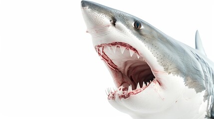 White Shark Close-Up Isolated, Jaws Open, Predator, White Background