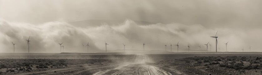 Wind turbines stand tall against the horizon, with traces of vehicle tracks leading into the renewable energy zone under cloud cover.