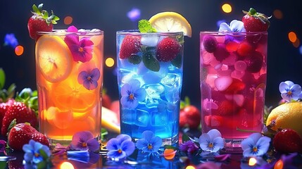 Obraz premium A set of three glassess holding distinct beverages beside lemons, strawberries and blueberries
