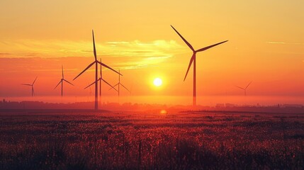 Obraz premium Wind turbines sunset silhouette, renewable power source concept, green energy use worldwide, wind power generation options.