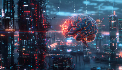 A brain is shown in a cityscape with a futuristic feel by AI generated image
