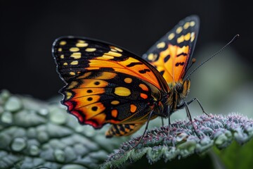 Obraz premium A Colorful Butterfly Perched on a Dewy Leaf