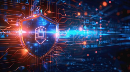 Digital shield symbol on circuit board background