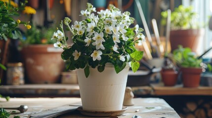 A white flower pot sits on a table with tools