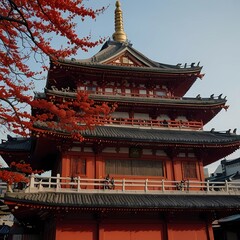 Obraz premium Il tempio buddista di sensoji, Asakusa. Pagoda rossa giapponese a penombra dal tempio buddista di sensoji, Asakusa Tokyo