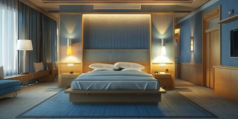 make realistic hotel room in 3 star hotel inside room with separate bed, 