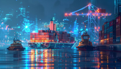 A large ship is docked in a harbor with several smaller boats in the water by AI generated image