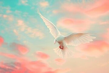 Fototapeta premium A white bird soars through a cloudy sky with scattered clouds and blue background