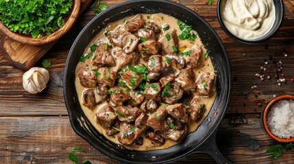 Delicious beef stroganoff with veal strips and mushrooms in a cast iron skillet