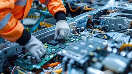 A man in an orange jacket is working on a car engine. Generate AI image