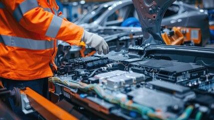 A man in an orange jacket is working on a car engine. Generate AI image