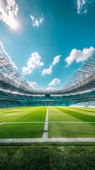 A soccer field with a bright green grass. Football stadium arena for professional match with spotlight