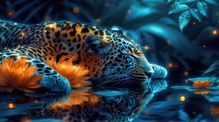 Majestic Night Encounter: Serene Leopard Amidst Reflective Tranquility 4k wallpaper, HD background image 