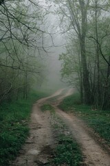 Obraz premium Dirt road surrounded by trees in a dense forest, suitable for outdoor adventure or environmental themes