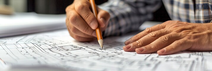 Professional consultant analyzing important architectural drawings and blueprint