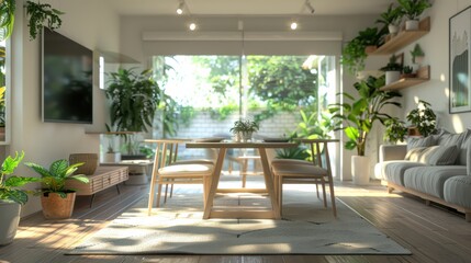 A living room with a wooden dining table and chairs, a couch, and potted plants