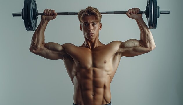 A shirtless muscular man lifting an overhead barbell, emphasizing his well-defined abs and upper body strength, showcasing dedication and fitness in a simple setting.