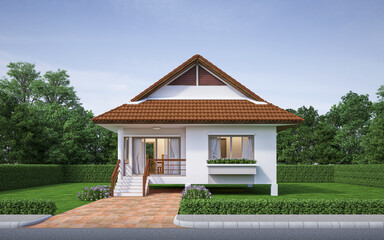 contemporary house exterior day light with lawn grass.3d rendering