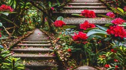 Obraz premium A collection of blossoms situated on a series of stone stairs in a yard, surrounded by greenery growing along the edges