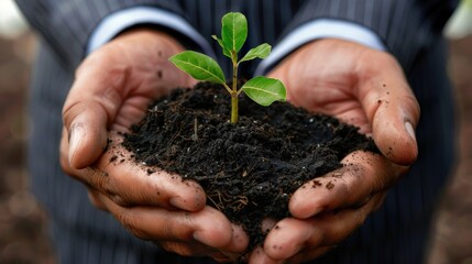 A man is holding a small plant in his hands. Generate AI image