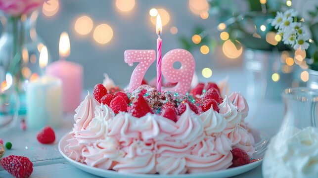 Celebratory dessert with pink candle labeled 79 birthday backdrop for girl or woman with lovely embellishments Room for anniversary celebration details