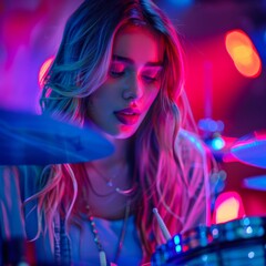 Young female musician playing drums energetically on stage with vibrant lighting