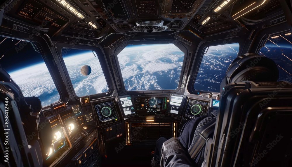 Canvas Prints a man is sitting in a spaceship cockpit looking out at the earth by ai generated image