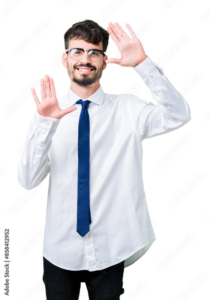 Canvas Prints Young handsome business man wearing glasses over isolated background Smiling doing frame using hands palms and fingers, camera perspective