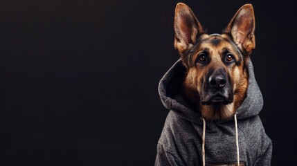 Obraz premium Anthropomorphic German Shepherd in hoodie listens to music on black background Unique pet portrait symbolizes love for animals
