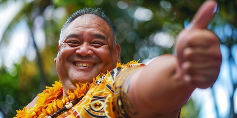 Smiling 42 year old obese Hawaiian male throwing a thumbs up