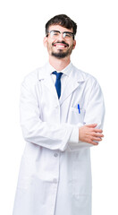 Young professional scientist man wearing white coat over isolated background happy face smiling with crossed arms looking at the camera. Positive person.