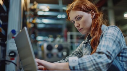 A determined technical worker woman troubleshooting equipment issues with a laptop