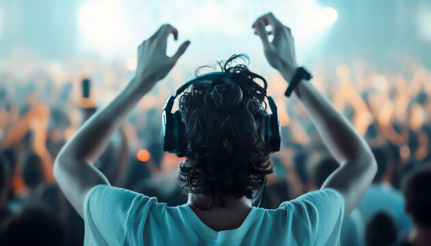Stunning visual of a young man with long brown hair, wearing headphones, enjoying a live music event. He has his hands raised in the air. The stage lights are bright, and the crowd is cheering.