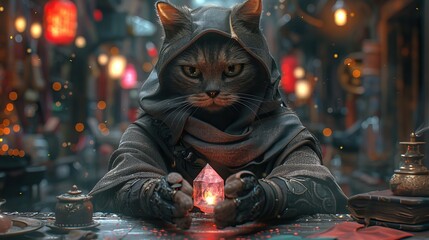 Mysterious hooded cat holding a glowing gem in a magical, colorful setting, capturing a fantastical and enchanting mood.