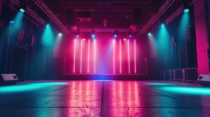 Empty concert stage with neon lights in a dark venue