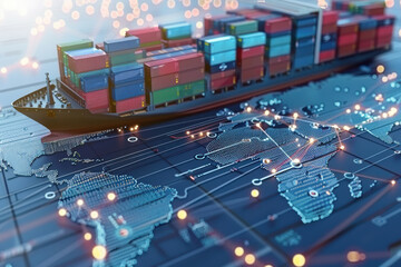 Global shipping and logistics concept featuring a cargo ship on a digital map with network connections and illuminated nodes.