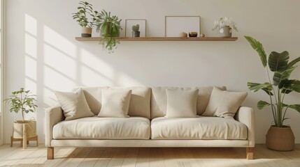 Naklejka premium A white couch with pillows and a plant on a shelf