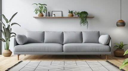 A large gray couch sits in a living room with a white wall and a wooden floor