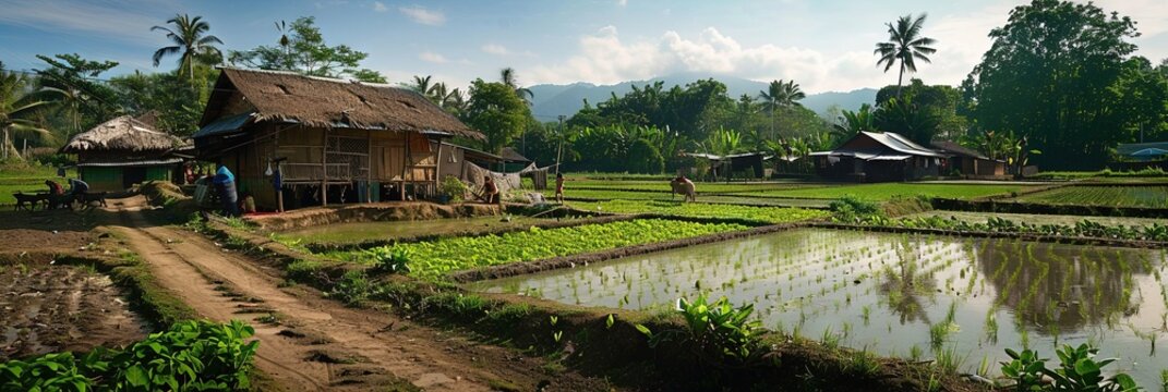 Traditional bahay kubo house in the ricefield area, 